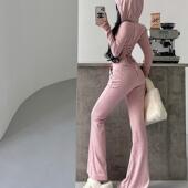 YoungGirlDay系带收腰连帽开衫 潮 套装 外套高腰微喇休闲裤 拖地长裤