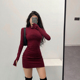 YoungGirlDay 欧美风高领性感紧身显瘦长袖 包臀螺纹连衣裙短裙