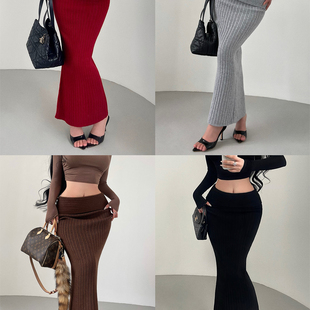 YoungGirlDay御姐纯欲风性感双层翻腰修身 显瘦针织包臀半身裙长裙