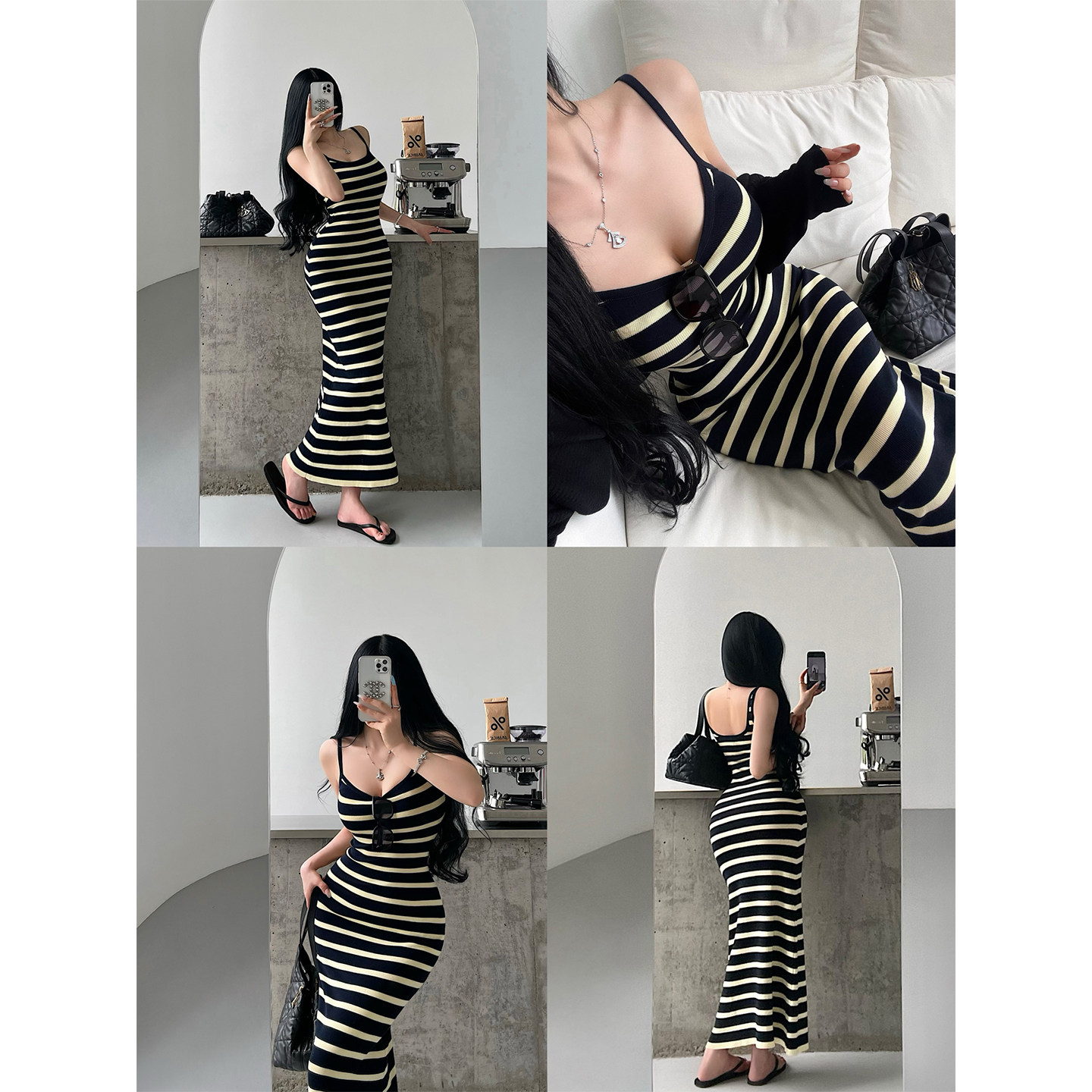 YoungGirlDay纯欲性感修身显瘦条纹莱赛尔针织包臀吊带连衣裙长裙