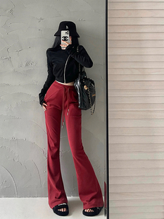 YoungGirlDay欧美风高腰显瘦抽绳微喇显腿长运动休闲卫裤 拖地长裤