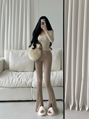 YoungGirlDay欧美高腰紧身显瘦微喇开叉显腿长针织休闲裤 拖地长裤