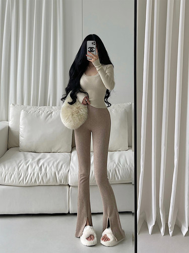 欧美高腰紧身显瘦微喇开叉休闲裤