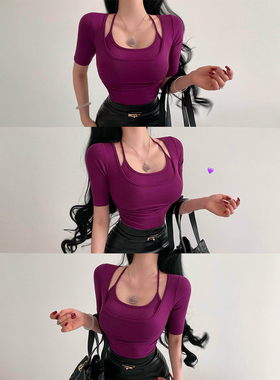 YoungGirlDay 纯欲风性感褶皱收腰显瘦中袖假两件系带挂脖T恤上衣