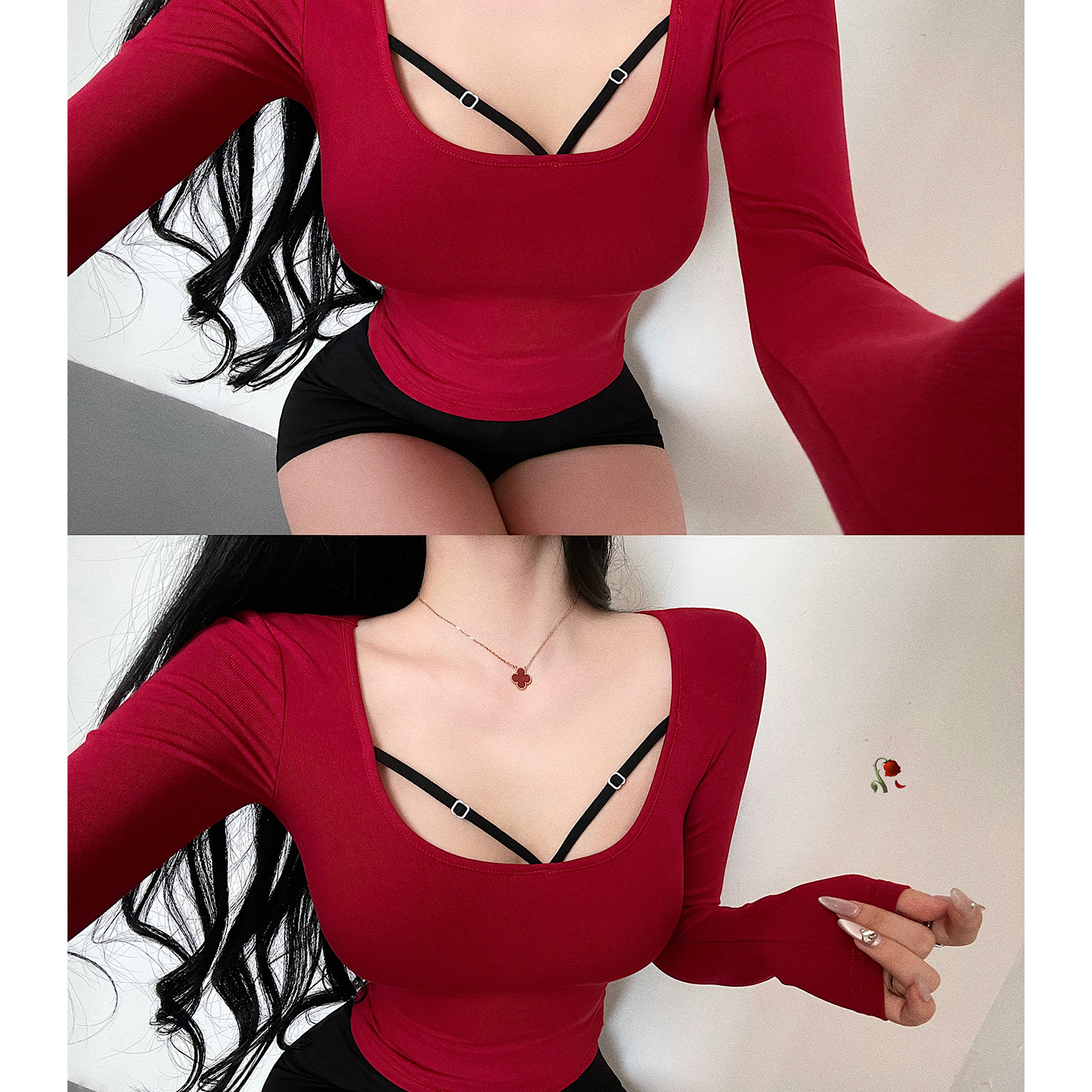 YoungGirlDay纯欲风性感U领撞色交叉绑带修身显瘦长袖打底T恤上衣