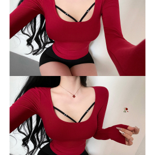 YoungGirlDay纯欲风性感U领撞色交叉绑带修身 打底T恤上衣 显瘦长袖