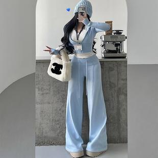潮 YoungGirlDay连帽拉链开衫 外套高腰阔腿休闲裤 拖地长裤 针织套装