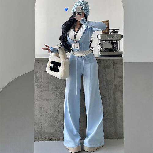 连帽拉链开衫高腰休闲裤针织套装