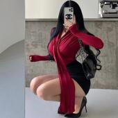 显瘦褶皱收腰长袖 YoungGirlDay 纯欲性感荡领系脖飘带修身 T恤上衣