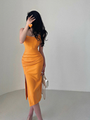 YoungGirlDay纯欲性感方领修身 显瘦收腰开叉中长款 包臀吊带连衣裙