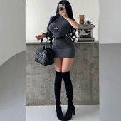 YoungGirlDay纯欲风御姐紧身小高领短袖 针织包臀连衣裙短裙含腰带