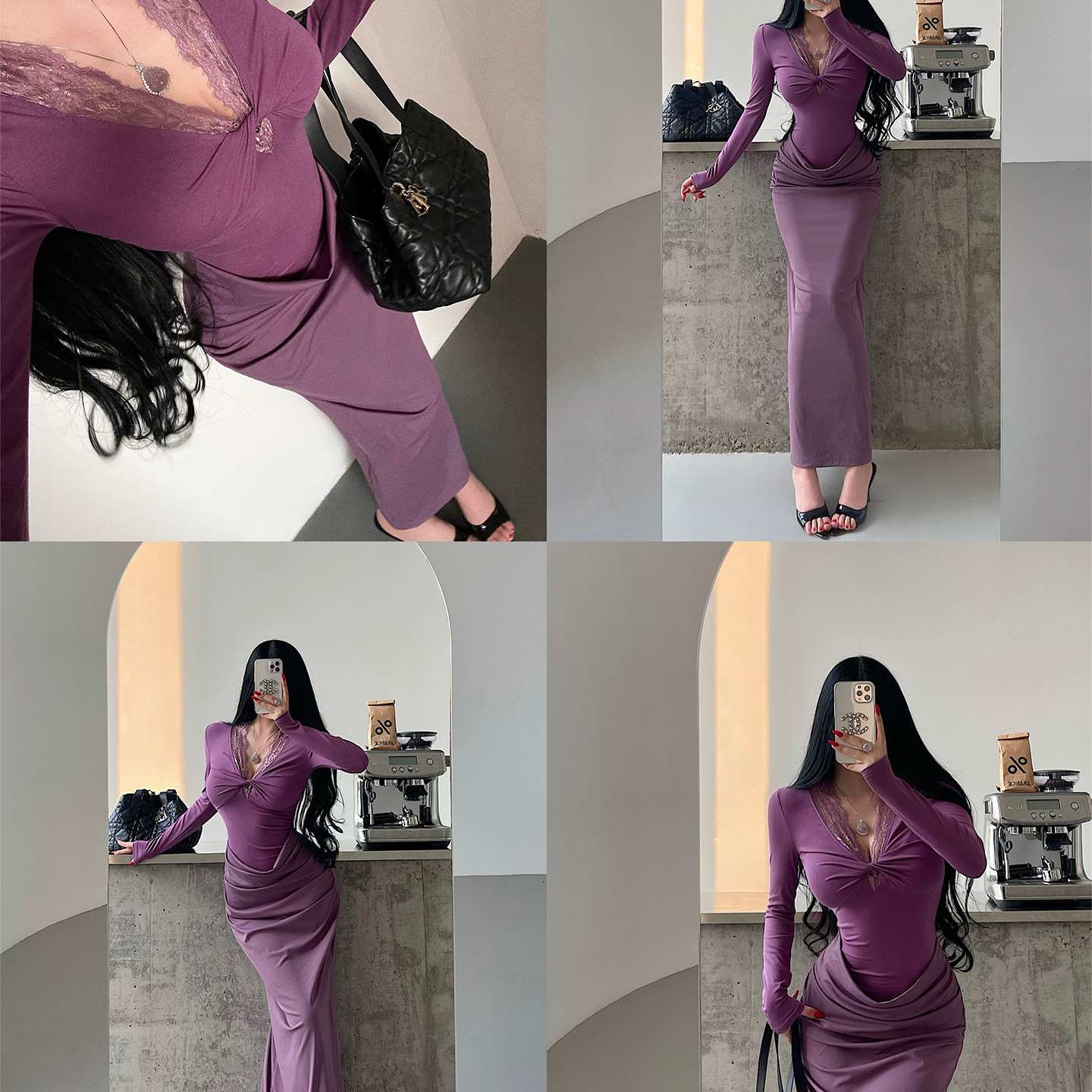 YoungGirlDay 纯欲风性感V领蕾丝拼接扭结显胸褶皱包臀连衣裙长裙