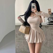 YoungGirlDay纯欲甜妹荡领吊带背心长袖开衫防走光垂感百褶裙套装
