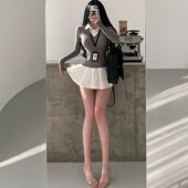 YoungGirlDay学院风纯欲撞色收腰针织假两件百褶衬衫 连衣裙短裙潮