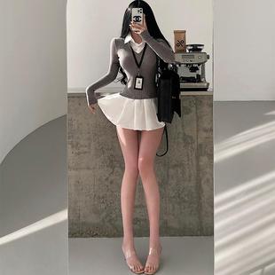 YoungGirlDay学院风纯欲撞色收腰针织假两件百褶衬衫 连衣裙短裙潮