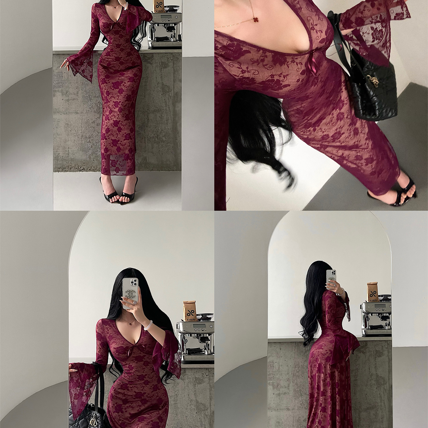 YoungGirlDay 纯欲性感V领修身收腰显瘦喇叭袖包臀蕾丝连衣裙长裙