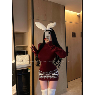 YoungGirlDay新年圣诞纯欲氛围感高领修身 提花针织连衣裙包臀短裙