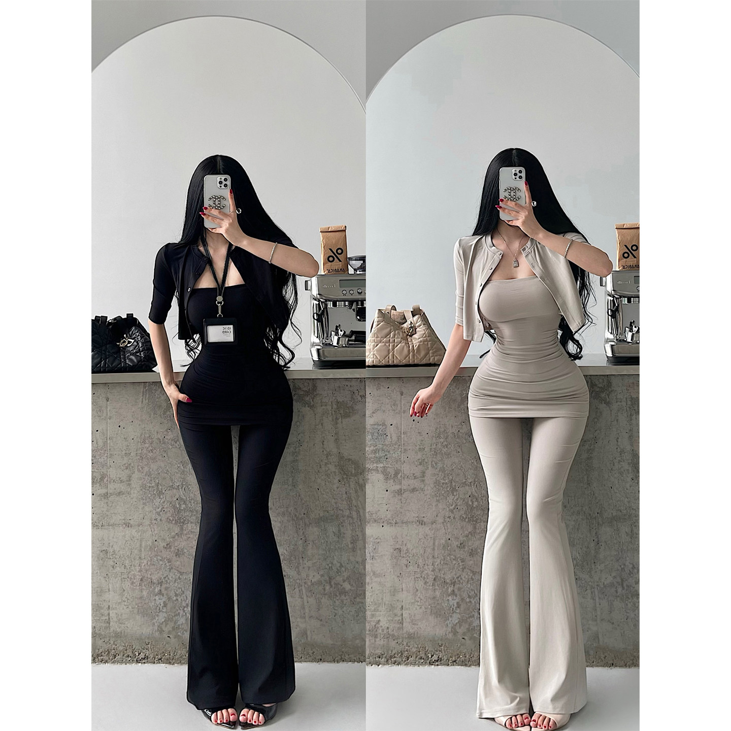 YoungGirlDay纯欲风抹胸背心单排扣短款开衫高腰微喇拖地长裤套装