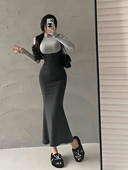 YoungGirlDay纯欲性感紧身小高领长袖 T恤包臀鱼尾背带连衣裙套装