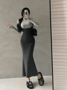 YoungGirlDay纯欲性感紧身小高领长袖 T恤包臀鱼尾背带连衣裙套装