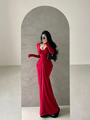 褶皱裙摆长袖 YoungGirlDay 欧美卡戴珊性感深V收腰修身 连衣裙长裙