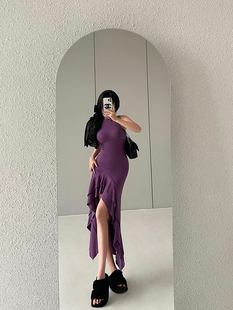 YoungGirlDay纯欲性感紧身显瘦圆领无袖 连衣裙 荷叶边高开叉中长款