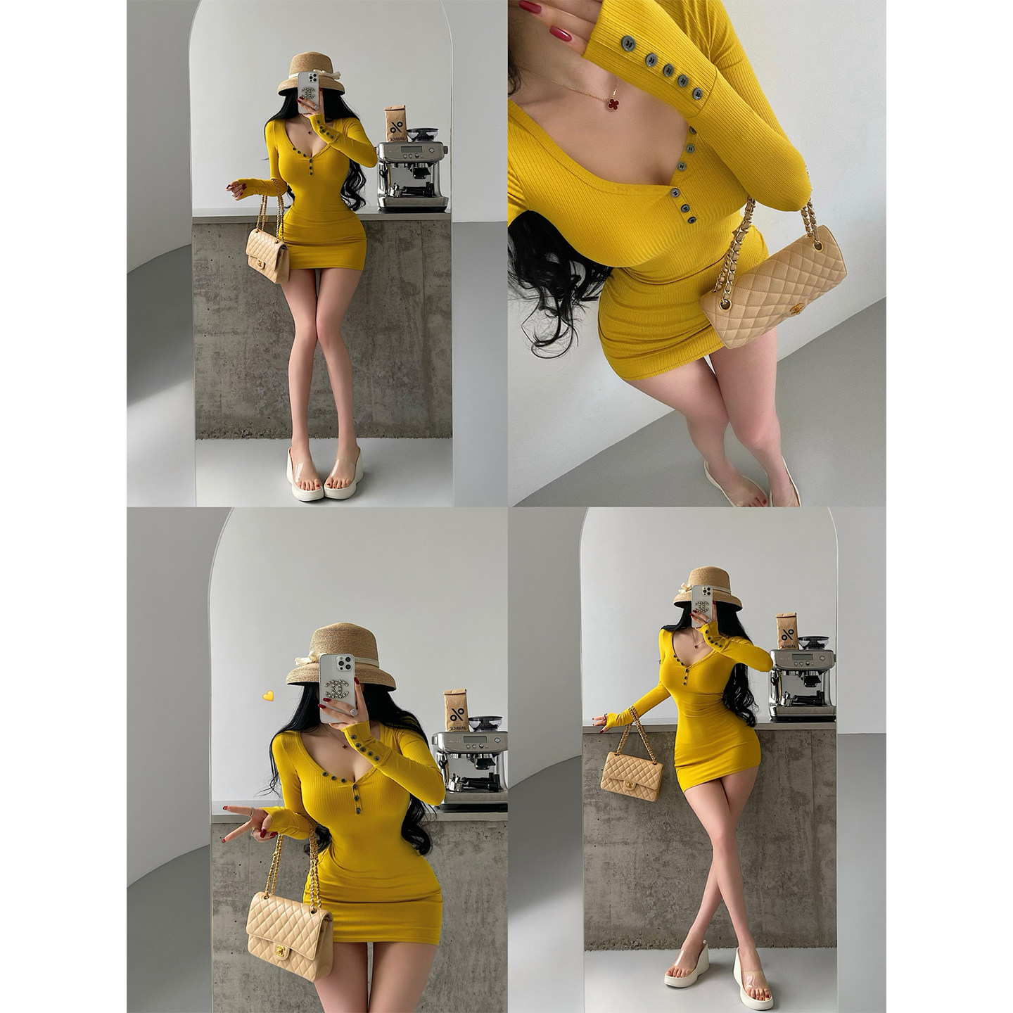 YoungGirlDay 纯欲性感V领单排扣修身收腰显瘦长袖包臀连衣裙短裙