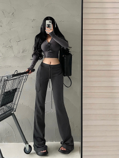 YoungGirlDay欧美低腰抽绳加绒加厚紧身微喇显腿长休闲裤 拖地长裤