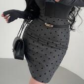 YoungGirlDay韩系纯欲风高腰显瘦植绒波点中长款 包臀半身裙含腰带