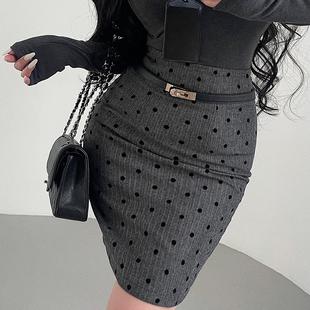YoungGirlDay韩系纯欲风高腰显瘦植绒波点中长款 包臀半身裙含腰带