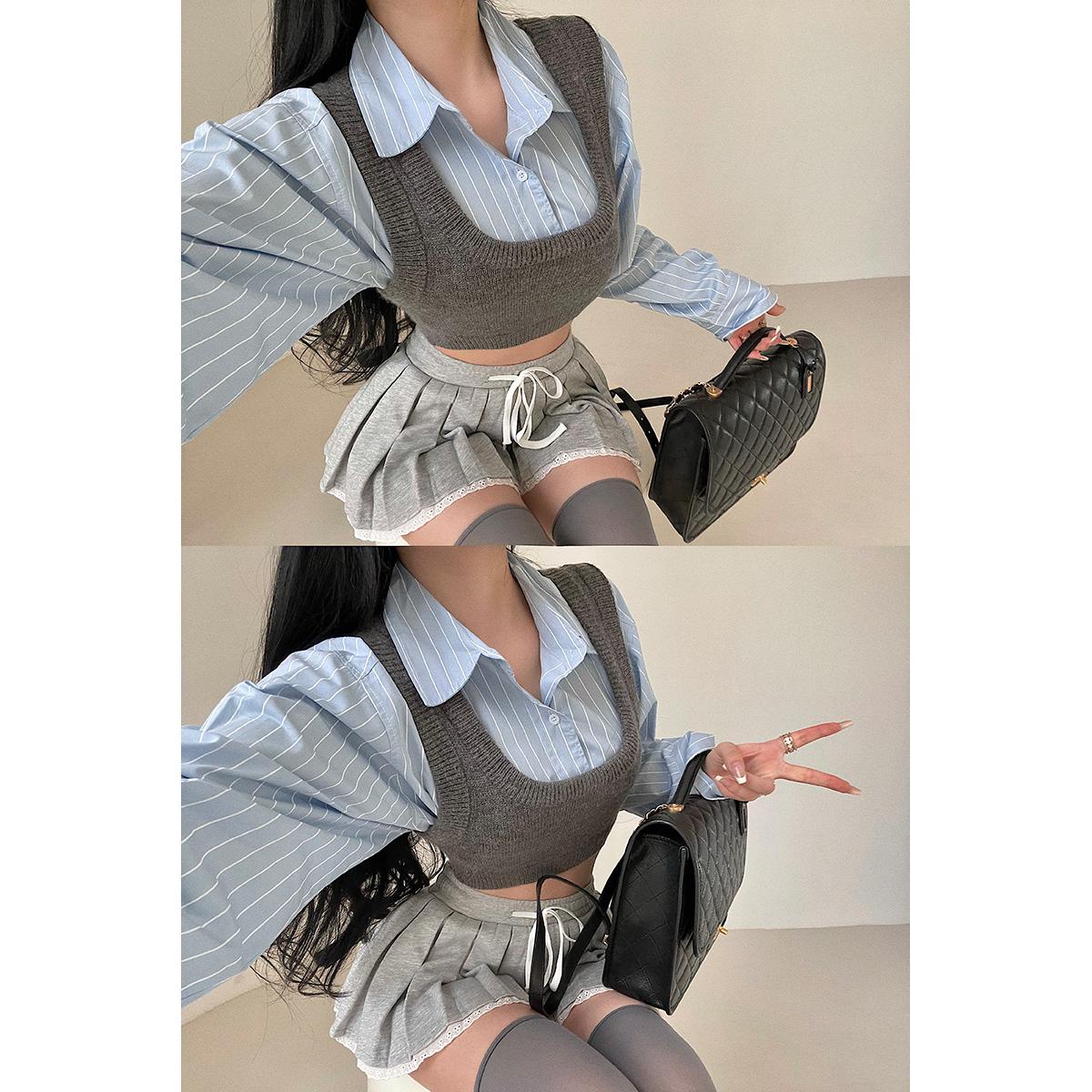 单排扣长袖衬衫针织背心套装
