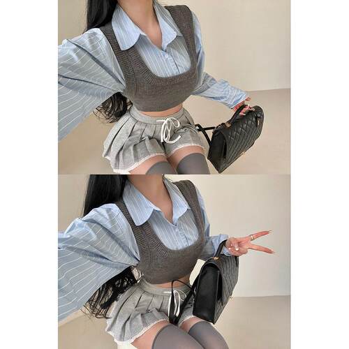 单排扣长袖衬衫针织背心套装