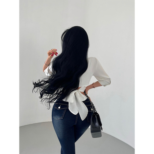 YoungGirlDay韩漫纯欲翻领单排扣蝴蝶结系带收腰显瘦中袖衬衫上衣