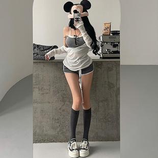 YoungGirlDay纯欲假两件带胸垫吊带背心长袖罩衫高腰抽绳短裤套装