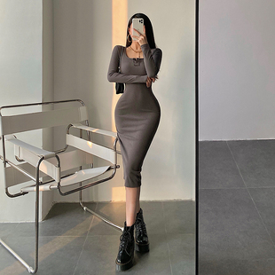 YoungGirlDay欧美性感方领紧身显瘦长袖 开叉打底连衣裙 包臀中长款