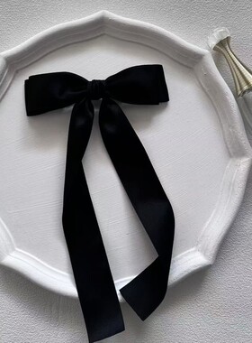 手工制 质感黑色 超大飘带蝴蝶结发夹 顶夹
