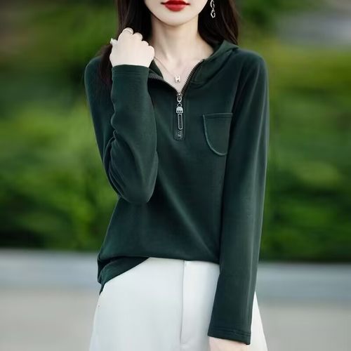 设计感休闲半拉链连帽德绒卫衣女