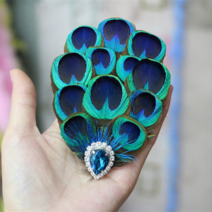 蓝钻发饰复古孔雀羽毛发夹水晶镶钻手工头饰民族风气质晚宴头饰