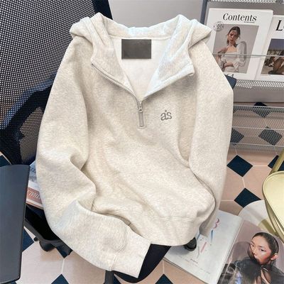 秋冬季加绒简约休闲情流行新款韩系小众vintag半拉链连帽卫衣男女