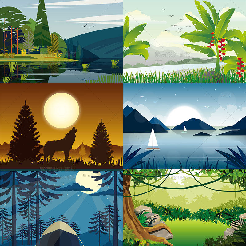 扁平化风景场景插画banner背景山水河流动物森林旅游ai矢量素材