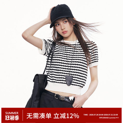RPB BRAND 韩系条纹圆领羊毛针织短袖女撞色短款休闲显瘦上衣T恤