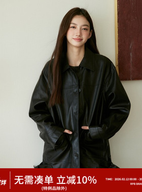 RPB BRAND韩系复古高级感黑色中长款翻领皮衣风衣外套女夹克上衣