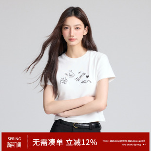 BRAND猫咪图案刺绣正肩短袖 显瘦短款 女生T恤新款 修身 上衣 爆款 RPB