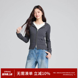 RPB BRAND拼接格纹连帽针织开衫女修身显瘦短款毛衣外套上衣