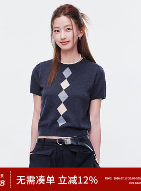 RPB BRAND韩系正肩菱形格羊毛针织毛衣短袖女夏短款显瘦百搭上衣