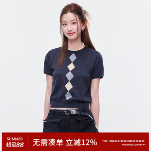 RPB BRAND韩系正肩菱形格羊毛针织毛衣短袖女夏短款显瘦百搭上衣