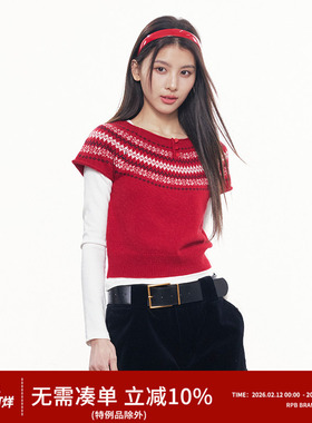 RPB BRAND细腻羊毛费尔岛风红色短袖针织衫女复古圆领毛衣