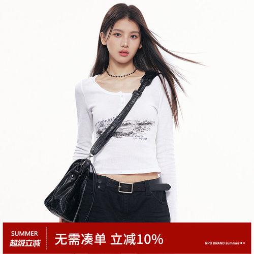 RPB BRAND美式复古华夫格半开襟连帽长袖T恤女修身显瘦辣妹风上衣