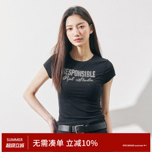RPB BRAND美式复古烫钻圆领短袖T恤女修身辣妹短款显瘦打底衫上衣