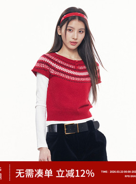 RPB BRAND细腻羊毛费尔岛风红色短袖针织衫女复古圆领毛衣